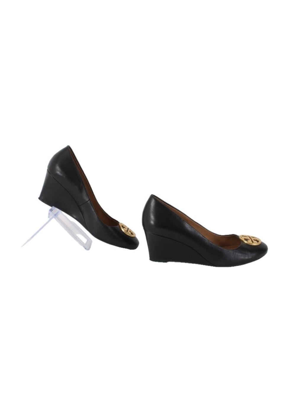 Tory Burch Wedge Heels Sz 8 Black Gold Hardware Leather 2.5 Wedge Logo Heels - Picture 5 of 9